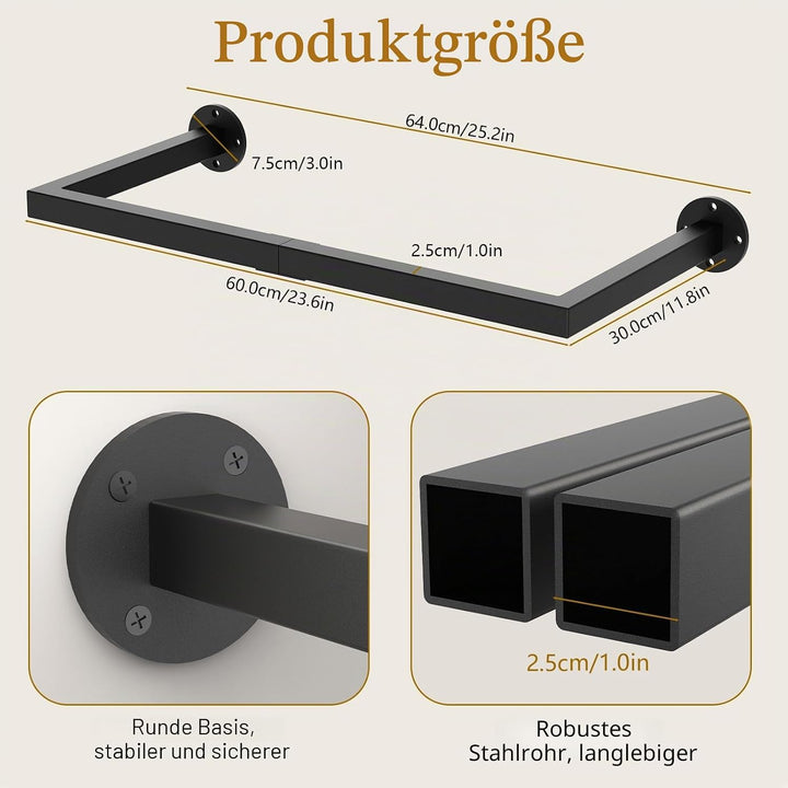 Yawinhe 64cm Kleiderstangen für die Wand, Industrieller Rohr Kleiderständer, Platzsparend, Wandregal