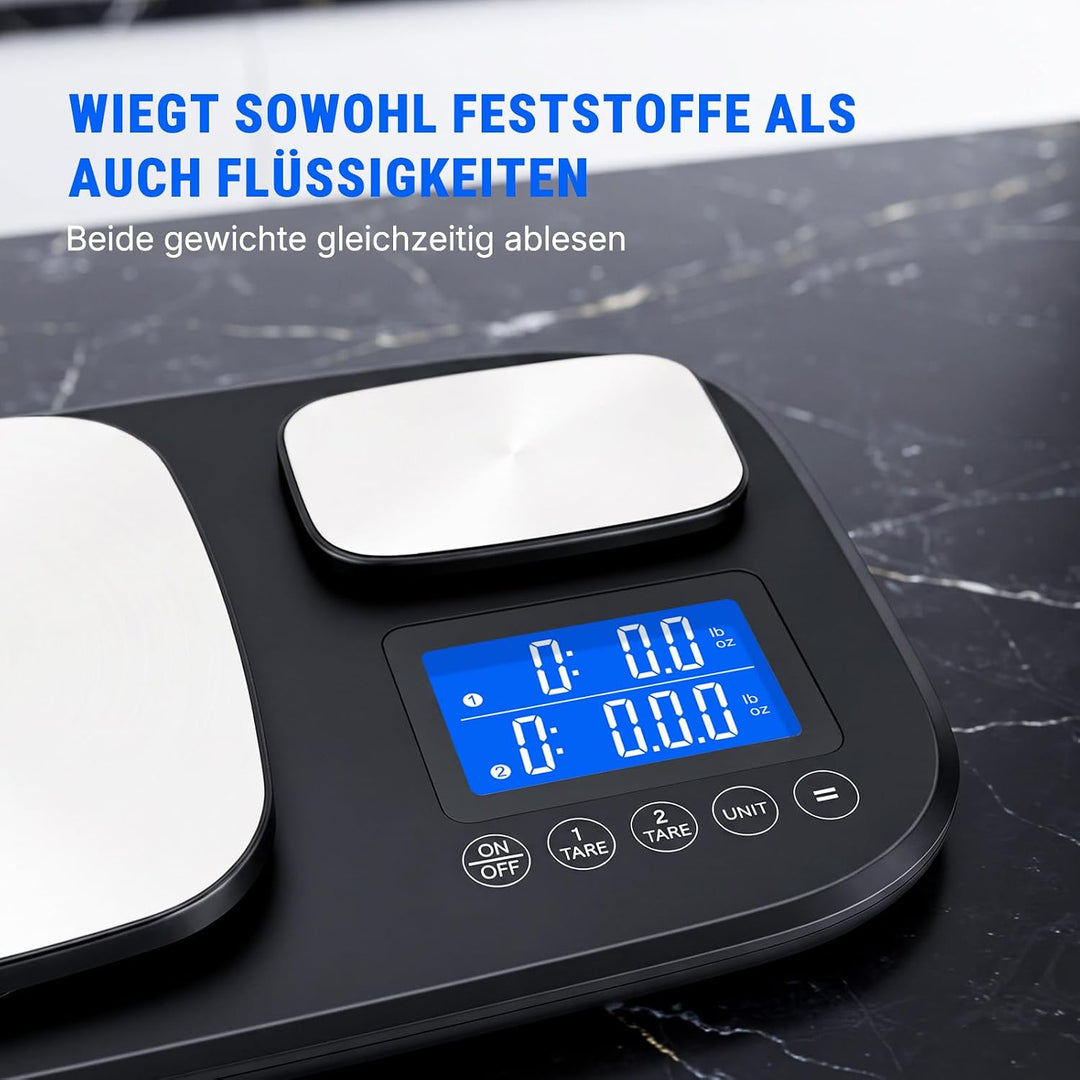 Küchenwaage Digital 15 kg mit Feinwaage 500 g/0,01 g, 2 Flächen zum Backen | Tara-und Addierfunktion