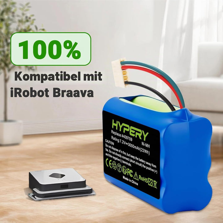 7.2V 3000mAh Ersatz NI-MH Akku für iRobot Braava 380 380T 390T 300 381 2000 Mint 5200 5200B 5200C Ak