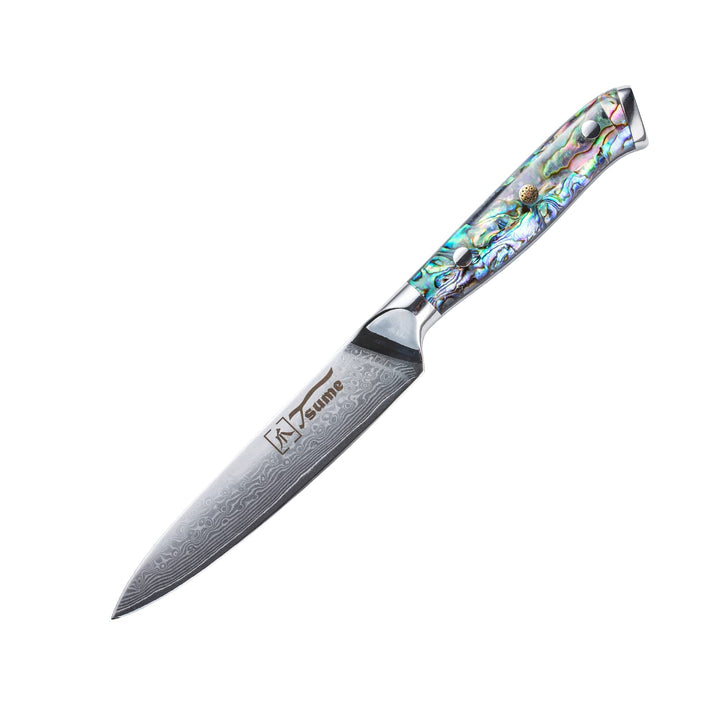 Tsume Allzweckmesser Abalone, Klingenlänge 13cm, Echtes Damast Küchenmesser mit Perlmuttplatten, 67