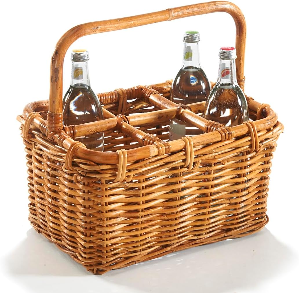 Flaschenträger Flaschenkorb Korb – aus Rattan – für 6 Flaschen – handgeflochten – lacak braun, Braun