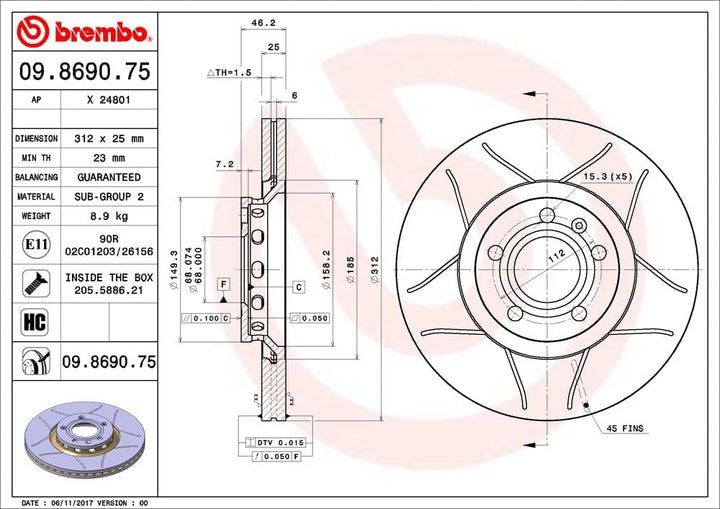 Brembo 09.8690.75 Vordere Bremsscheibe, Anzahl 2