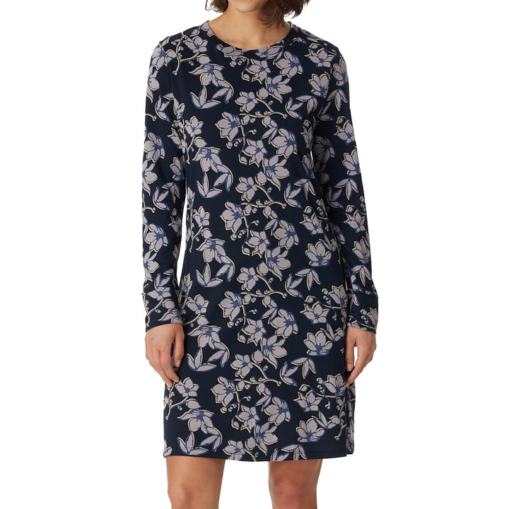 Schiesser Damen Langarm Baumwolle Modal Sleepshirt Bigshirt - Nightwear 36 Dunkelblau Floral, 36 Dun