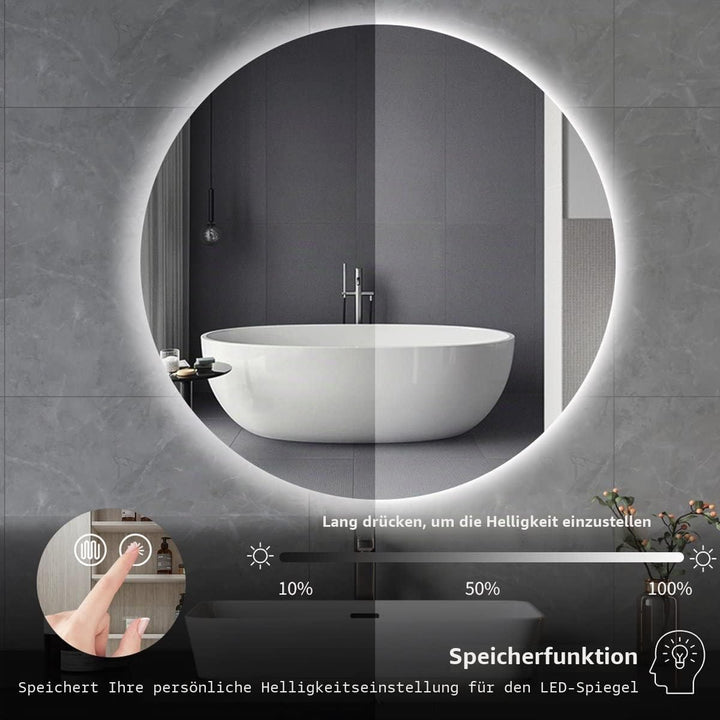 SensaHome – Runder Badezimmerspiegel ohne Rahmen mit LED-Beleuchtung – dimmbar – Wandspiegel – 70 cm