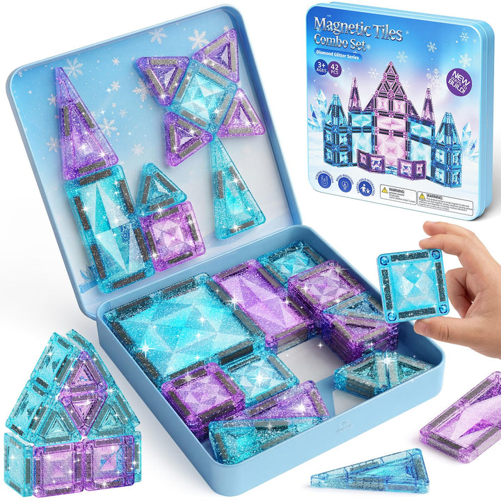 burgkidz Magnetische Bausteine Reisespielzeug für Mädchen, 42 Teile Eisprinzessin Magnetische Tiles