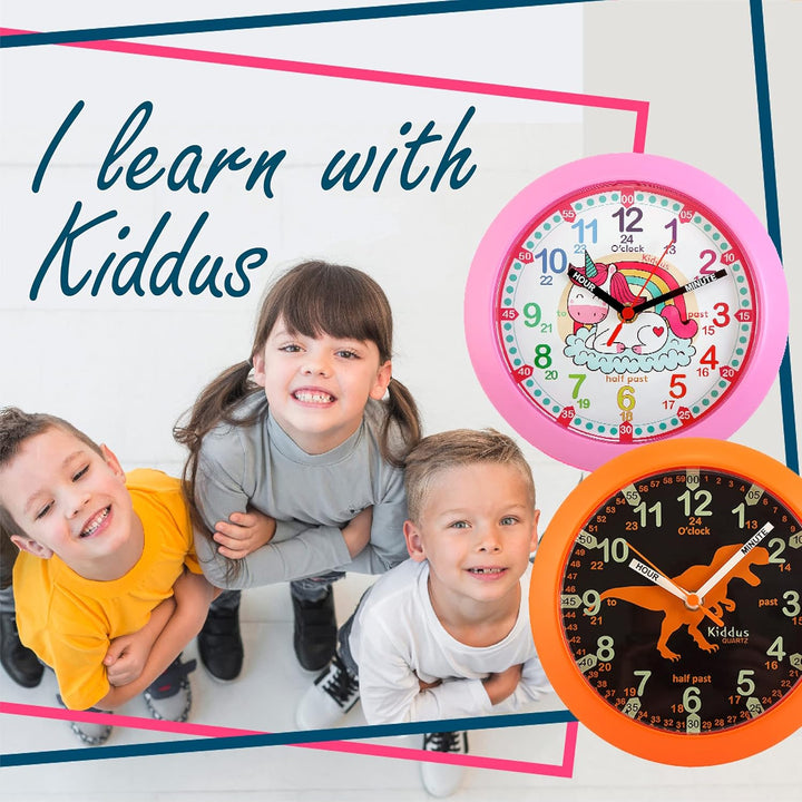 Kiddus Wanduhr für Kinder. Analoger Zeitlehrer mit Zeitlernübungen. Stilles Uhr. Viele Sprachen. Spa