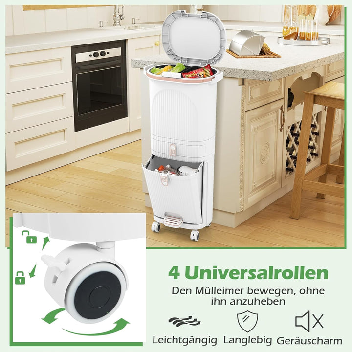 COSTWAY Mülleimer Küche, Mülltrennsystem 3 Fächer, 2 x 12L Inneneimer & 14L Treteimer, Abfalleimer m