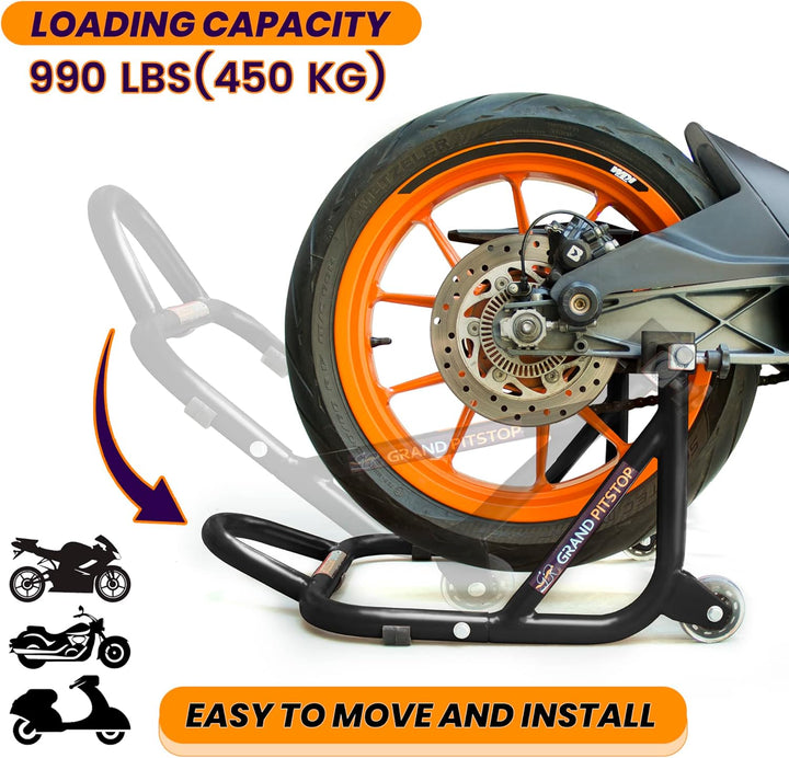 Grand Pitstop Universal Rear Paddock Stand for Bike Attached Skate Wheels with Swingarm Rest (Disman