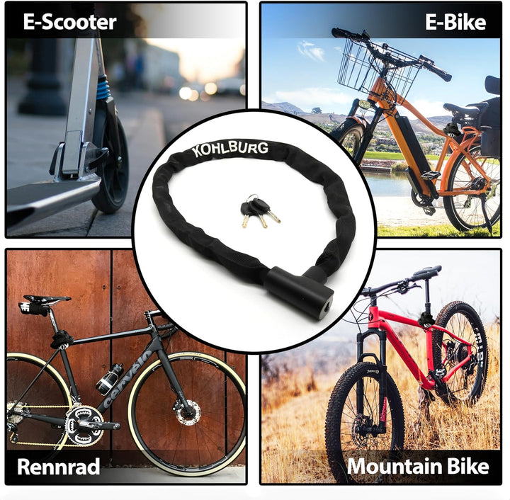 KOHLBURG Kettenschloss Fahrrad [103cm lang, 6mm starke Titan-Stahl Kette] - zuklickbares Fahrrad Sch