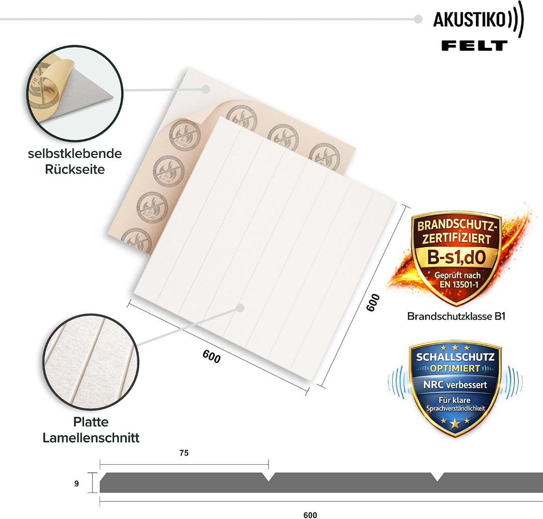 AKUSTIKO Akustikpaneele Selbstklebend 60x60cm - 2 Stück Warmweiss Akustik Wandpaneele Brandschutzkla