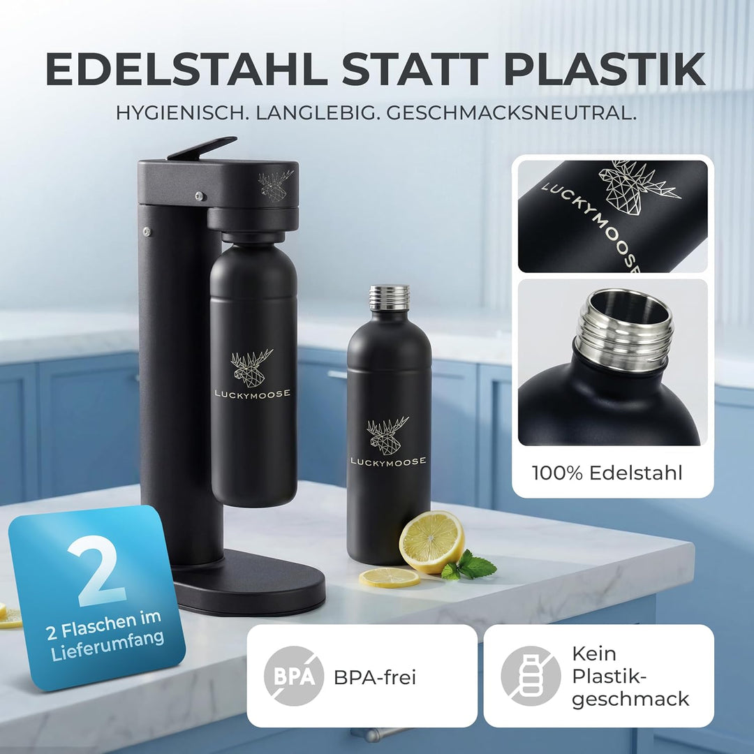 Infinity-S Wassersprudler aus hochwertigem Edelstahl (Black/Black) – inkl. 2x 1,25L Edelstahlflasche