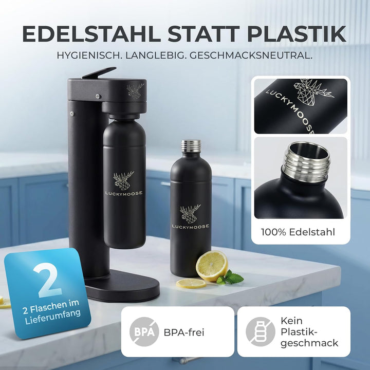 Infinity-S Wassersprudler aus hochwertigem Edelstahl (Black/Black) – inkl. 2x 1,25L Edelstahlflasche