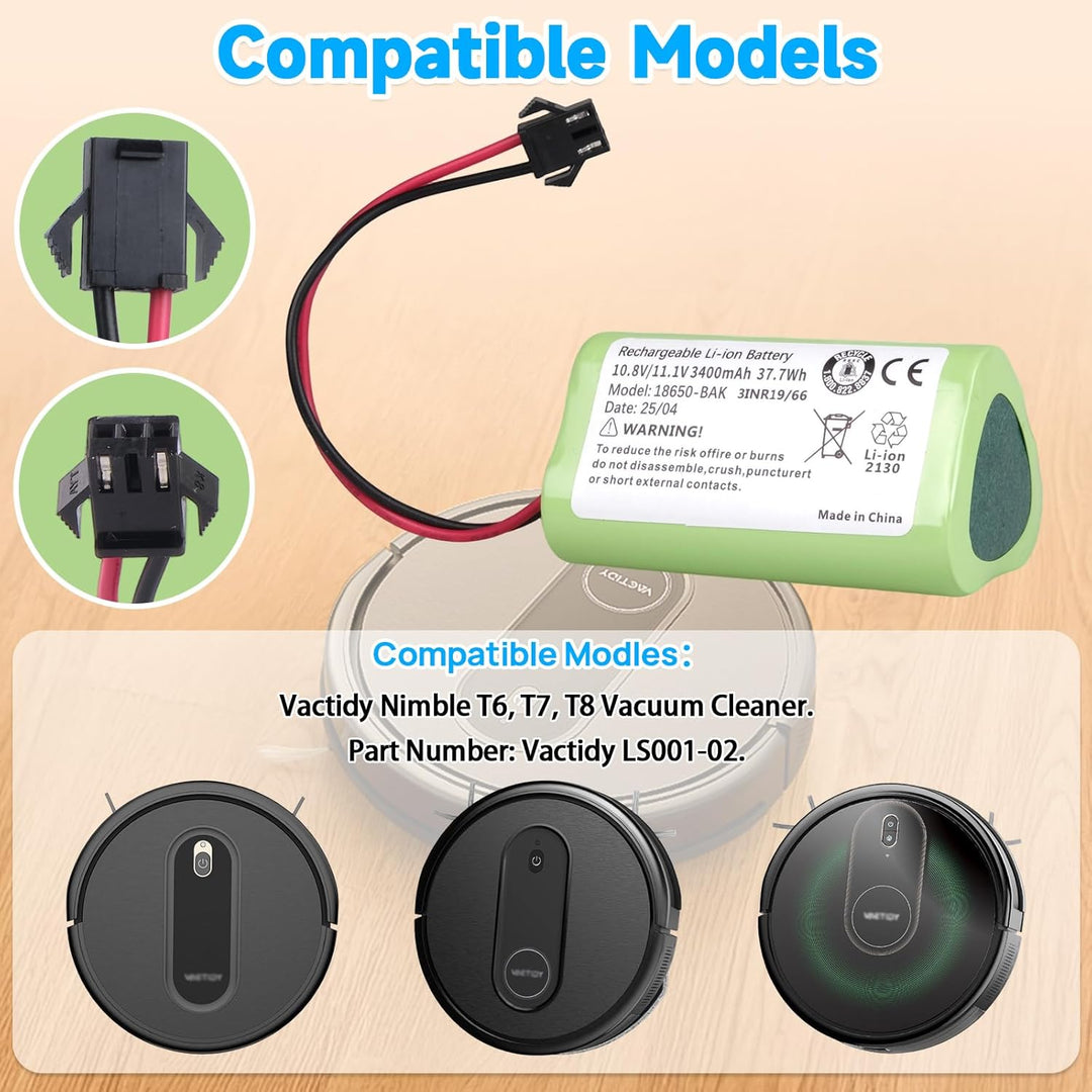 3400 mAh Akku Kompatibel mit Vactidy T6, T7, T8 Roboterstaubsauger, Kompatibel mit Vactidy LS001-02