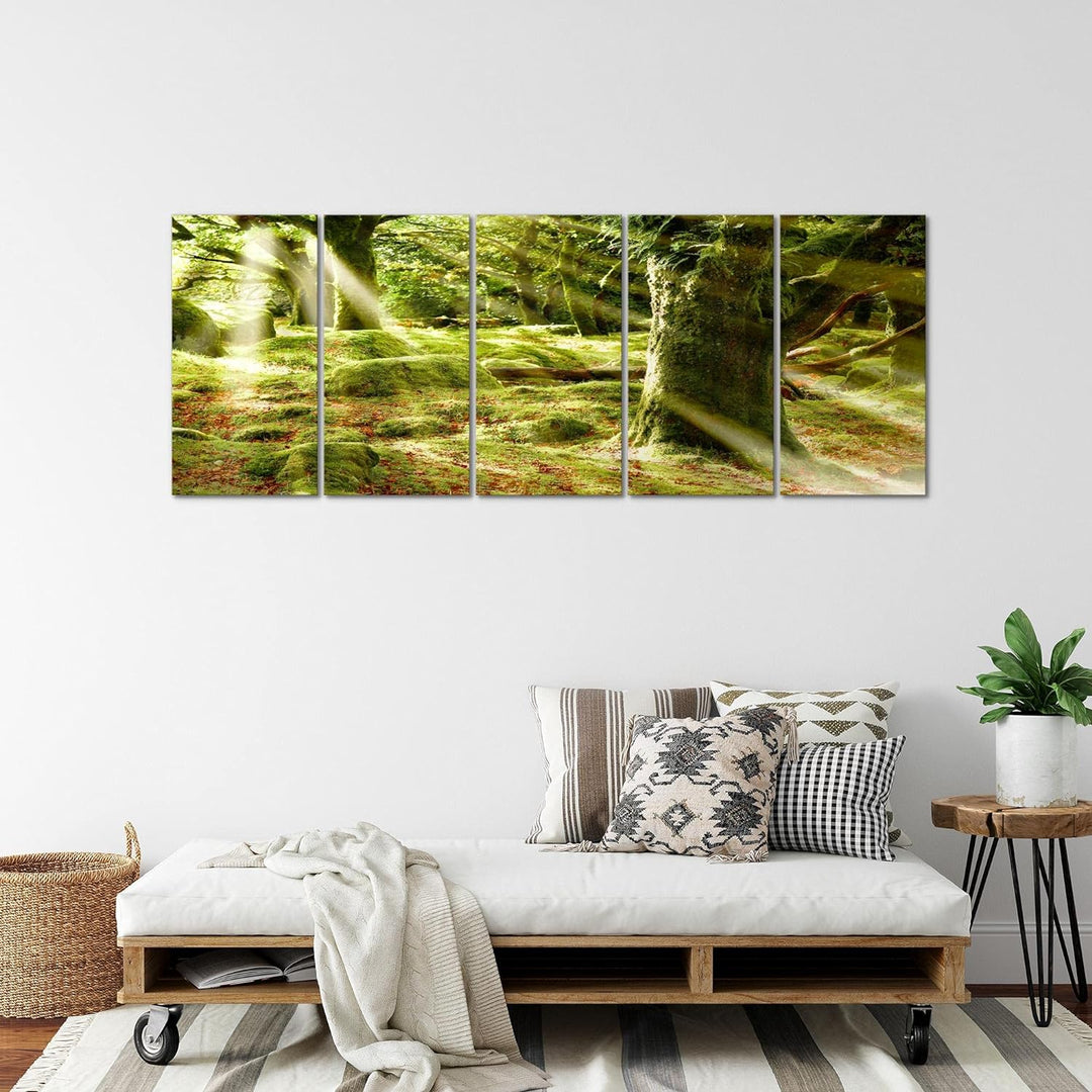 Runa Art Wandbild XXL Wald Landschaft Schlafzimmer Wohnzimmer 200 x 80 cm Grün 5 Teilig - Made in Ge