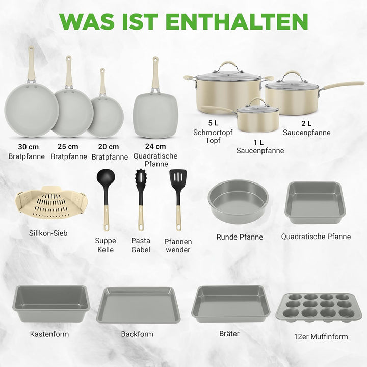 NutriChef Topf- & Pfannenset Induktion 20-teilig Weiss – Antihaft-Kochgeschirr mit Deckeln & Backfor