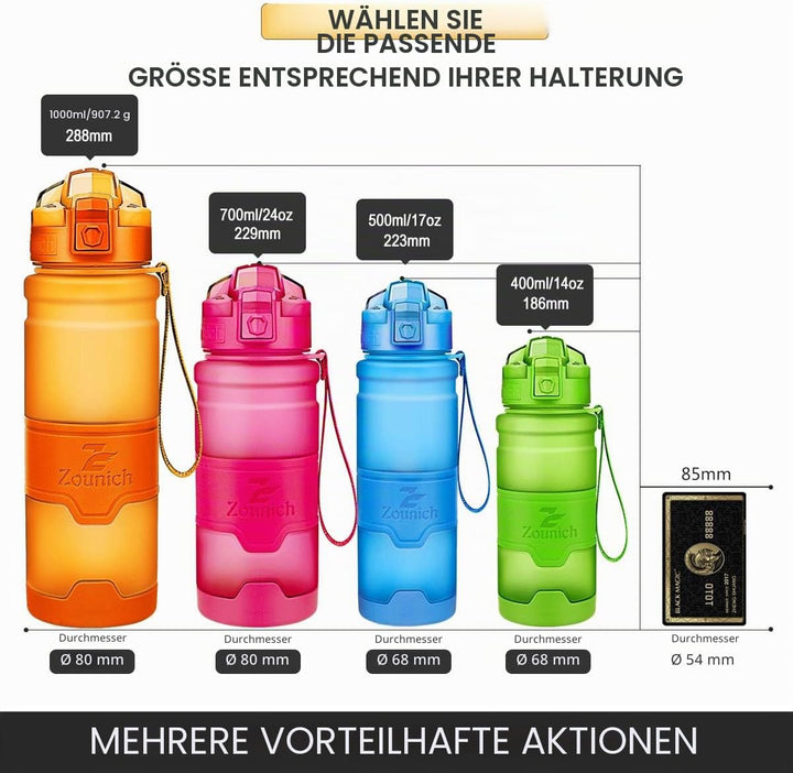 Zounich Trinkflasche 1L Sport BPA frei Auslaufsicher 700ml/500ml/400ml Wasserflasche Kunststoff Spor