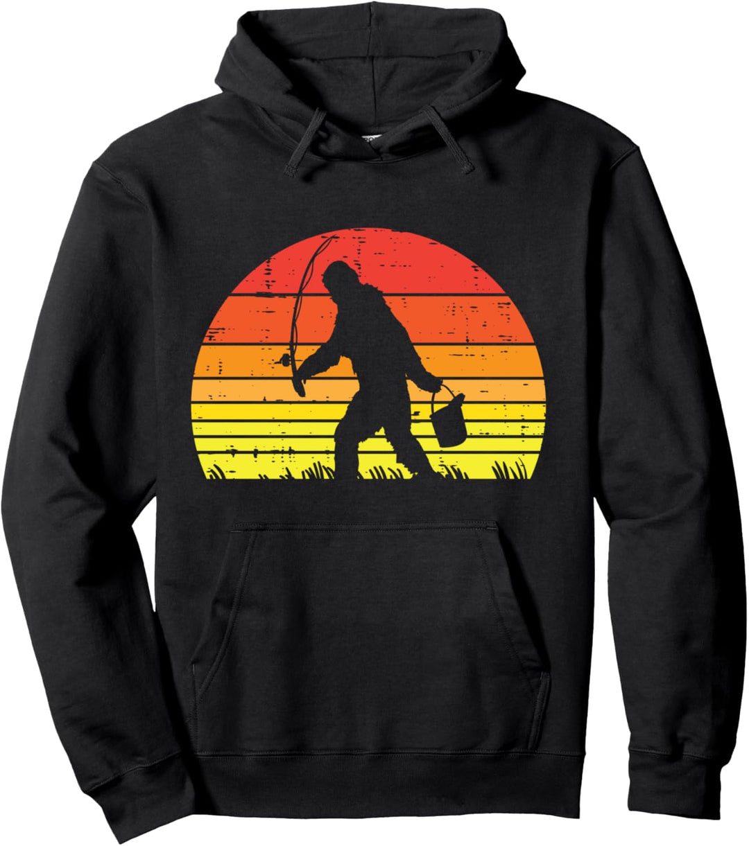 Bigfoot Sasquatch Fishing Sunset Retro Fisherman Angler Gift Pullover Hoodie