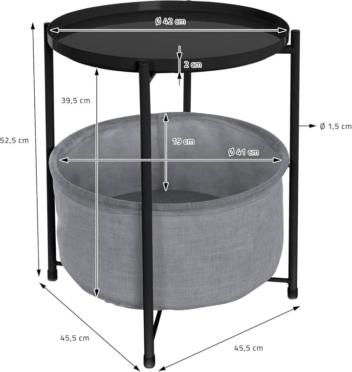ML-Design Beistelltisch rund Ø45,5 x H 52,5 cm, Schwarz, aus Metall, Couchtisch mit Stoffkorb & abne