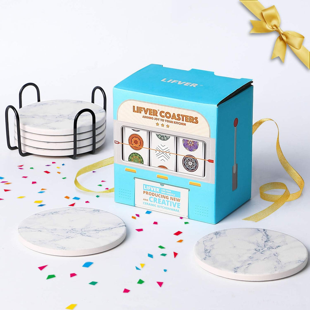 LIFVER Untersetzer Gläser, Glas Untersetzer-Set 6 Stücke mit Halter, Saugfähig Getränk Untersetzer m