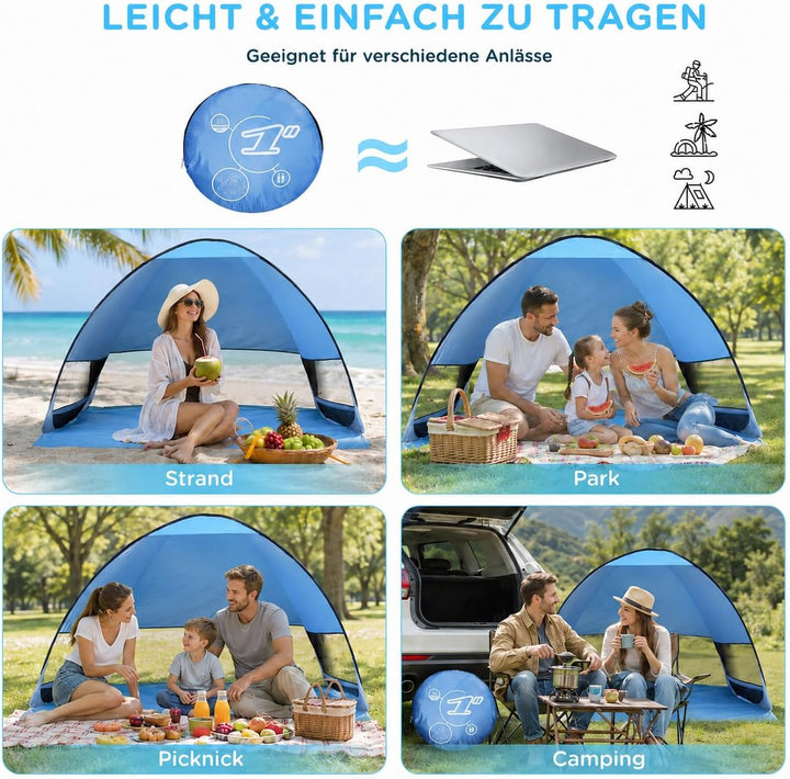 Strandmuschel Pop Up,3–4 Personen,UPF 50+,tragbares Strandzelt | Automatisches Sonnenzelt mit Reissv