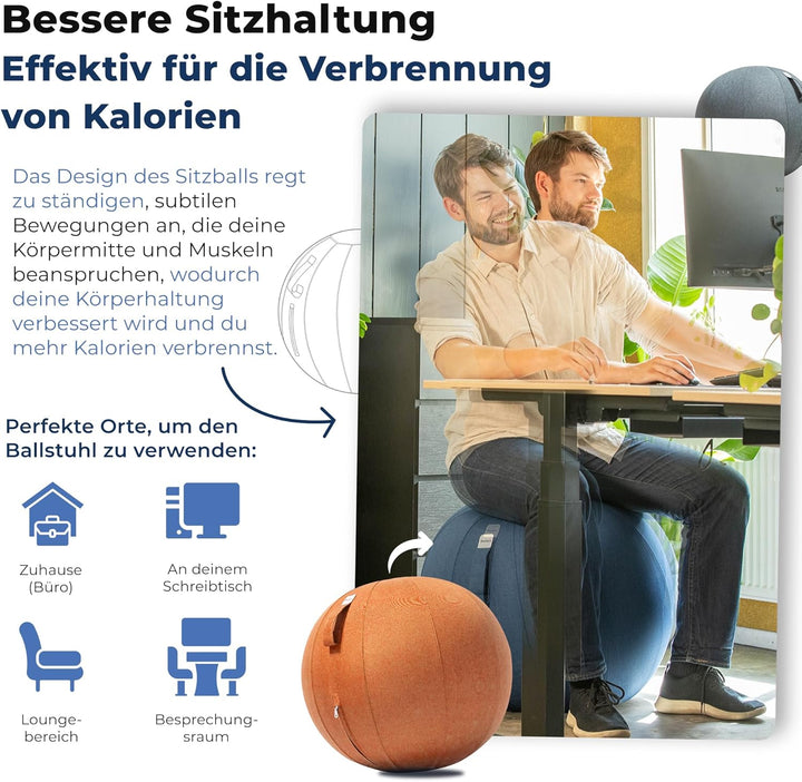 Sitzball Büro Ergonomisch 65 cm, Ergonomische Sitzmöbel für Büro und Heimbüro, Langlebiger Stoff, Gy