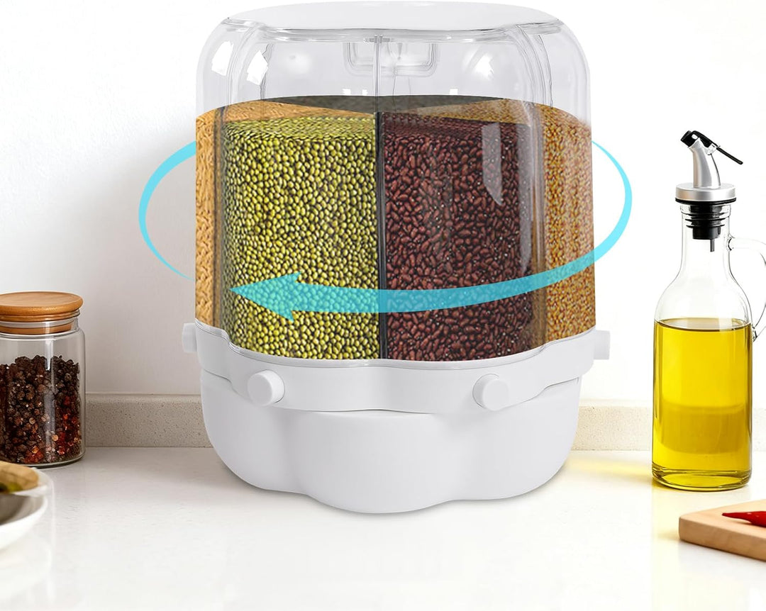 Drehbarer Reisspender 360° Drehung Müslispender 12.5KG Getreidespender mit 6 Kammern Getreidebehälte