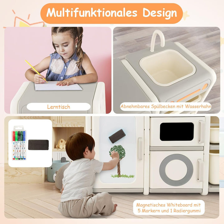 COSTWAY Kinderregal mit Boxen, Kinderzimmer Regal mit 4 Schränken Spül Wasserhahn Whiteboard Markern