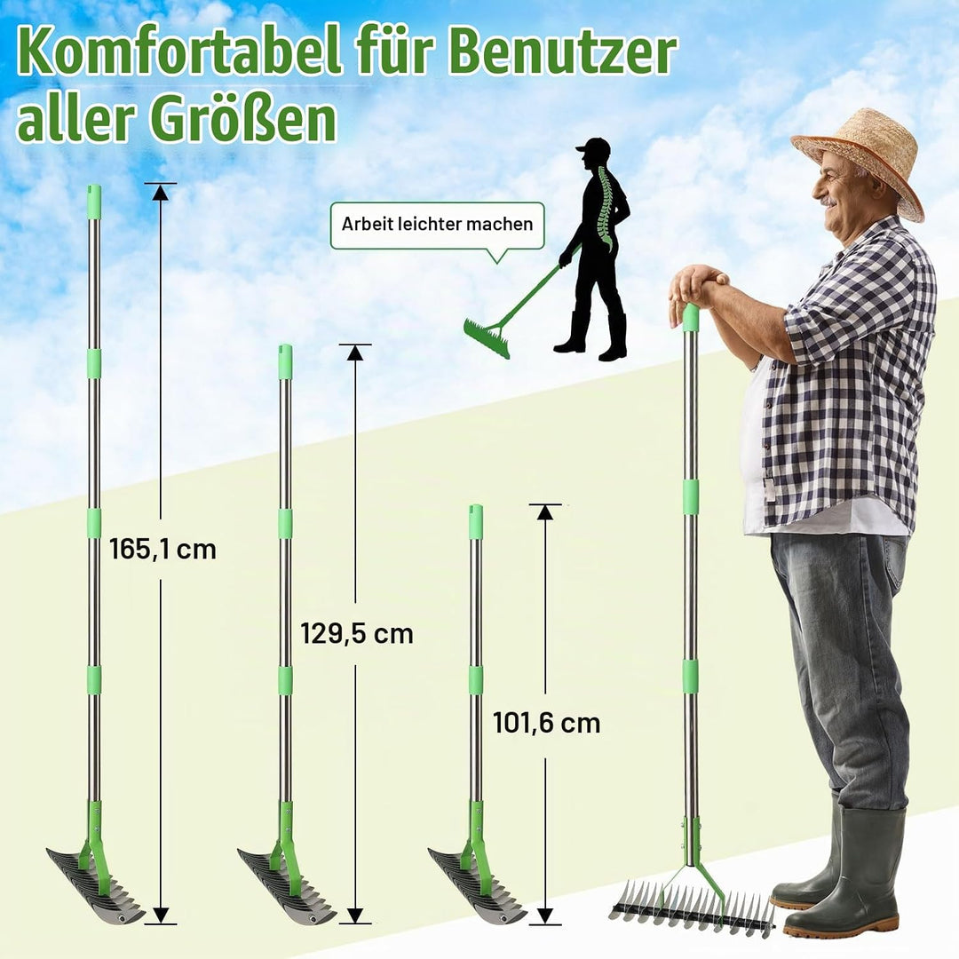 Strohrechen Vertikutierrechen 21 Zinken, Rasenrechen Mit 114 cm Verstellbarem Langem Griff Robuster