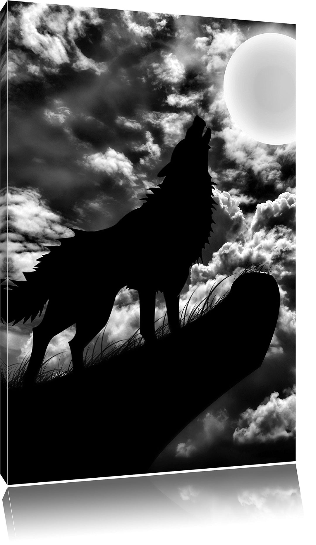 Pixxprint Wolf im Mondschein als Leinwandbild | Grösse: 100x70 cm | Wandbild | Kunstdruck | fertig b