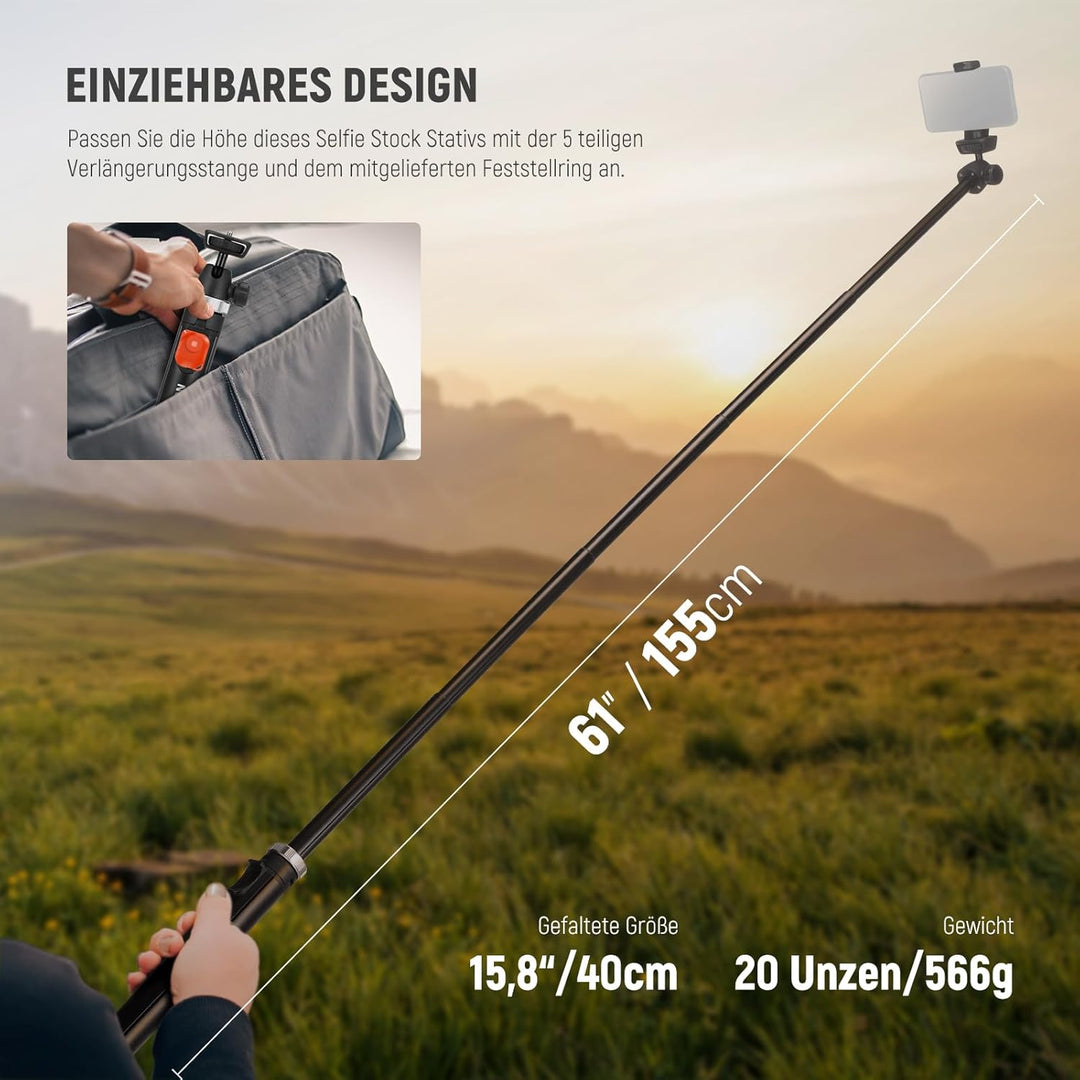 NEEWER Handystativ für Telefon und Kamera mit Fernbedienung, 160cm Metall Selfie Stick Reise Vlog St
