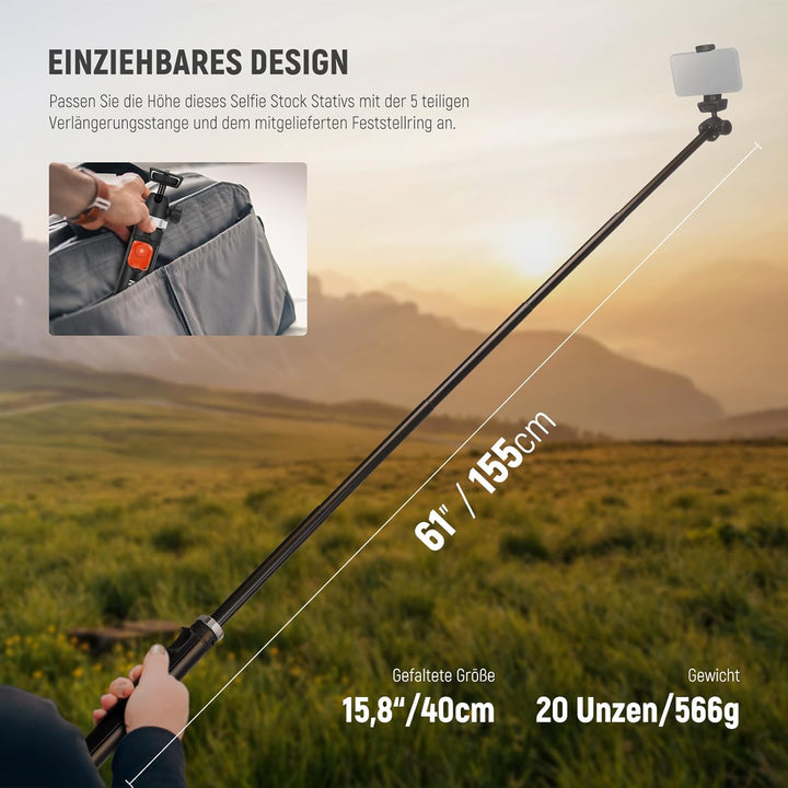 NEEWER Handystativ für Telefon und Kamera mit Fernbedienung, 160cm Metall Selfie Stick Reise Vlog St