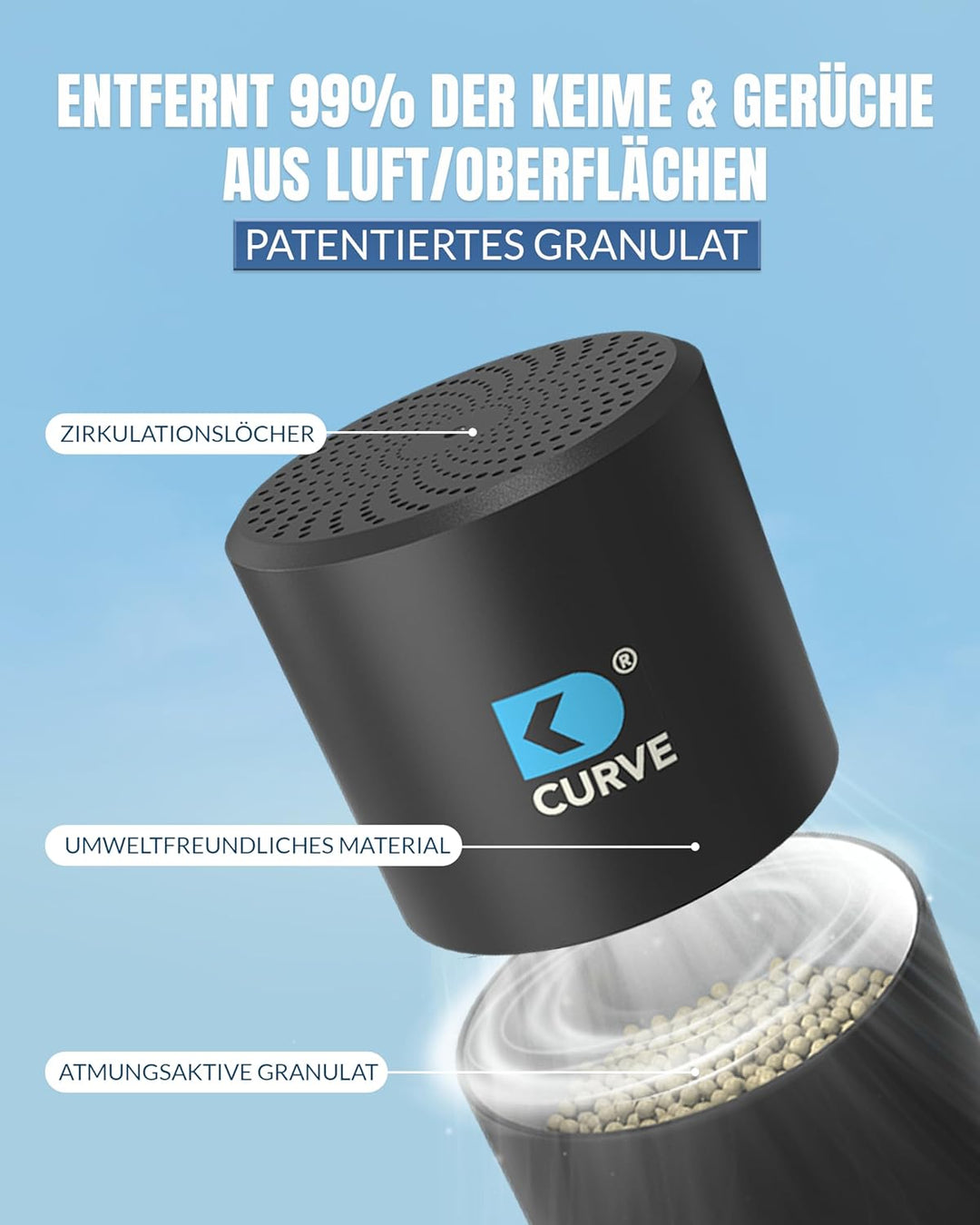 CURVE - Innovativer Luftreiniger mit Granulat - Entfernt 99% Keime und Gerüche - Für Auto, KFZ, LKW,