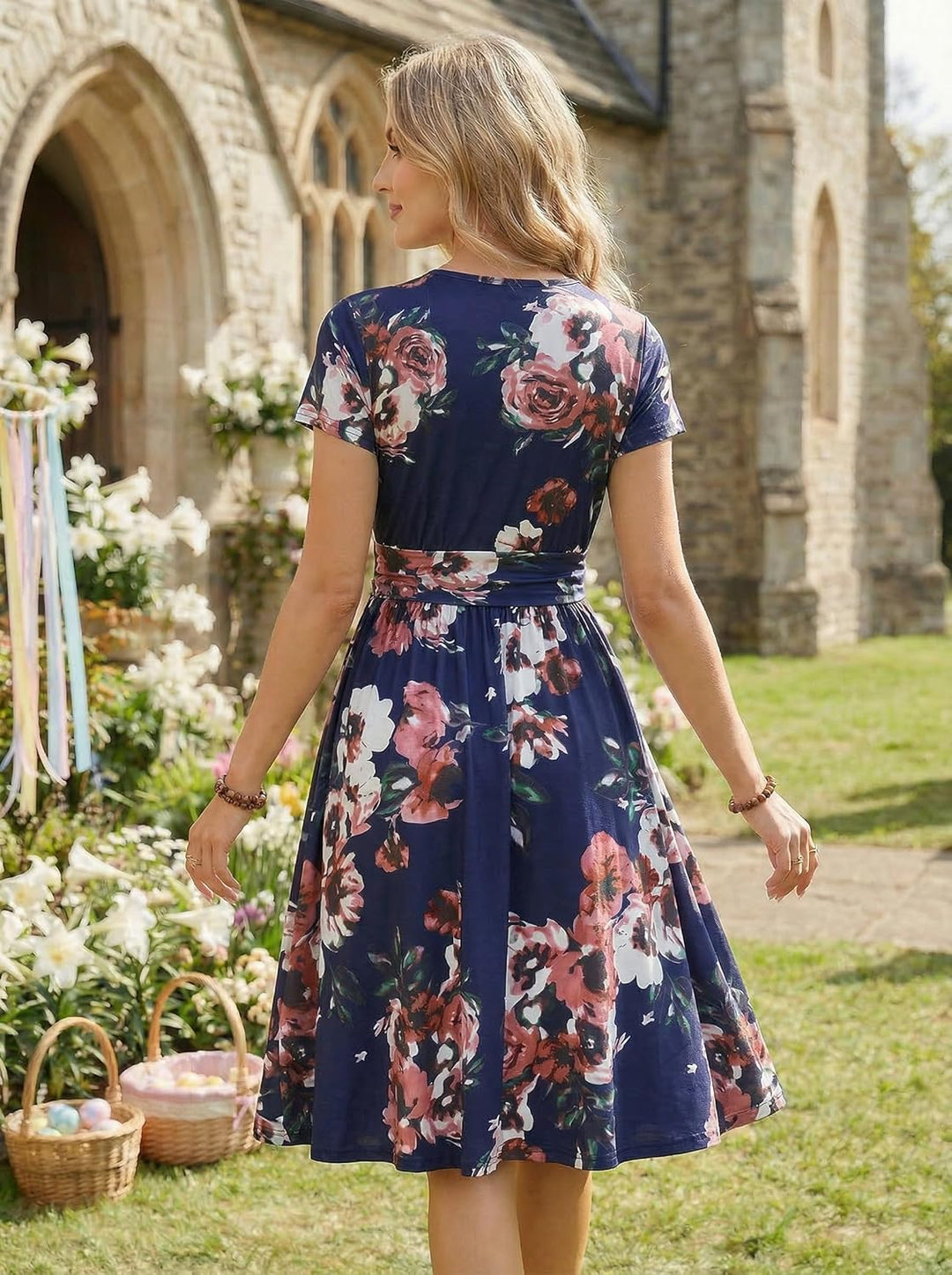 OUGES Kleid Damen Kurzarm/Langarm Sommer Herbstkleid V-Ausschnitt Casual Midi Freizeitkleid mit Tasc