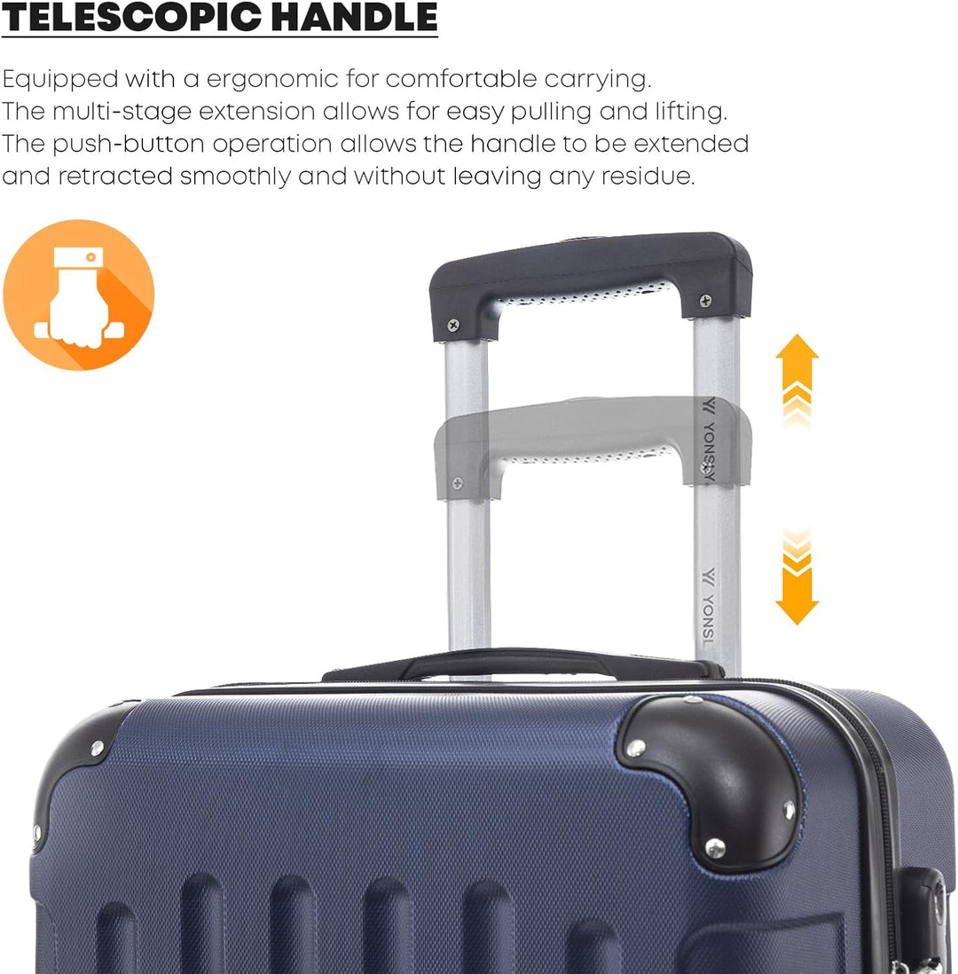 Koffer Suitcase M Dunkelblau, Trolley Reisekoffer, Rollkoffer Handgepäck, Kabinenkoffer mit 4 Rollen