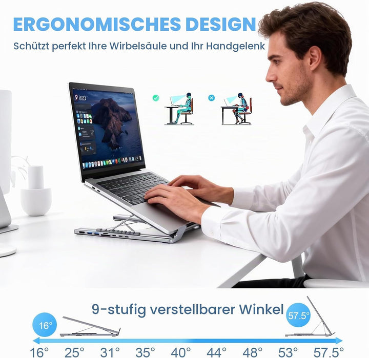 8-in-1 USB-C Laptopständer, Aluminium Laptop Ständer mit 8-in-1 USB C Dockingstation, Faltbarer Stan