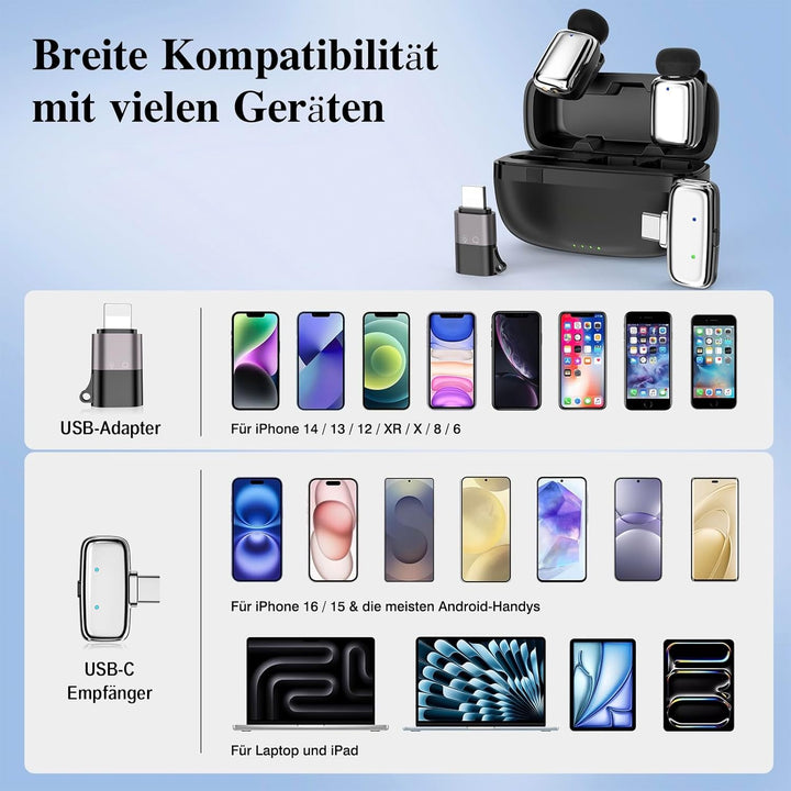 Kabelloses Mini-Mikrofon für Phone/Android/Pad 2er-Pack, Lavalier Ansteckmikrofon mit Lightning, USB