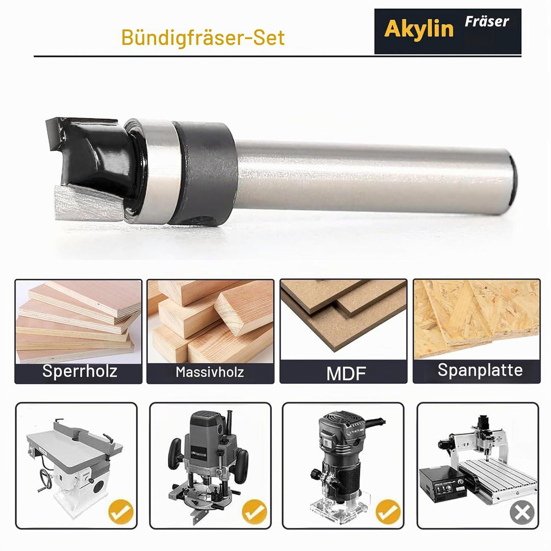 4 Stück Bündigfräser 6 mm Schaft, Kopierfräser für Oberfräse, Bündigfräser mit anlaufring oben Set H