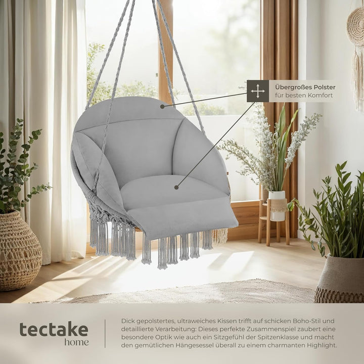 tectake® Hängesessel, Hängeschaukel mit dicken Kissen & Quasten, Boho Hängekorb Ø 80 cm, Hängesessel