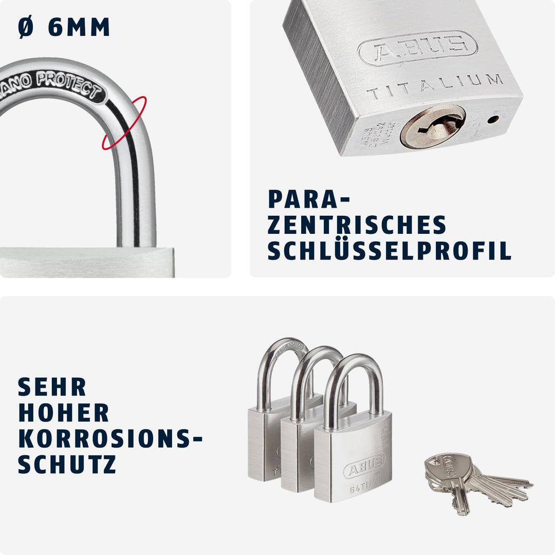 ABUS Vorhängeschloss Titalium 64TI/40 - 3er Set, gleichschliessend - Kellerschloss mit Schlosskörper