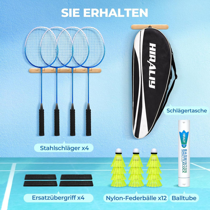 HIRALIY Badminton Schläger für Spiele im Freien, leichtes Federball 4er-Set für Kinder & Erwachsene