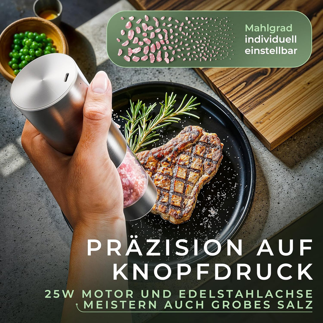 WALDWERK Elektrische Salz- und Pfeffermühle (300 mAh Akku) - Edle Akazie-Halterung - Elektrische Müh