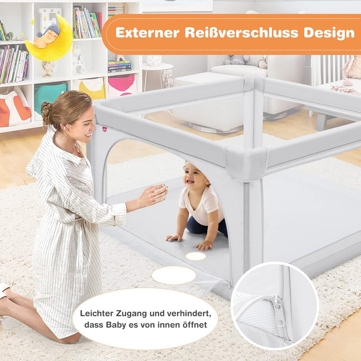 DREAMADE 120 x 120 cm Laufstall Baby, Laufgitter mit 50 Spielbällen & 2 Zugring, Schutzgitter mit At