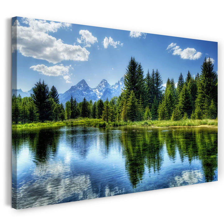 Printed Paintings Leinwand (60x40cm): Landschaftsbilder grüner Wald, dahinter Berge, Spiegelung i 60