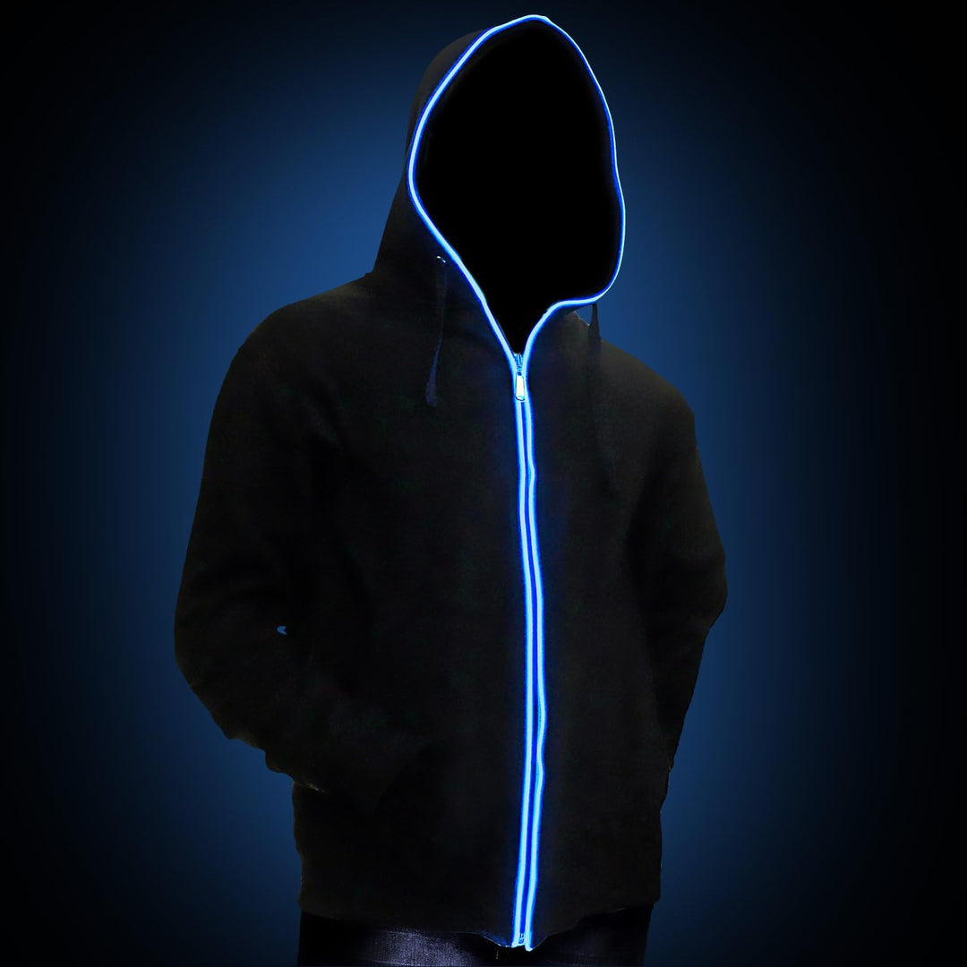 LED-Hoodie BLAU Zip-Hoodie EL-Kapuzenjacke Schwarz, XS