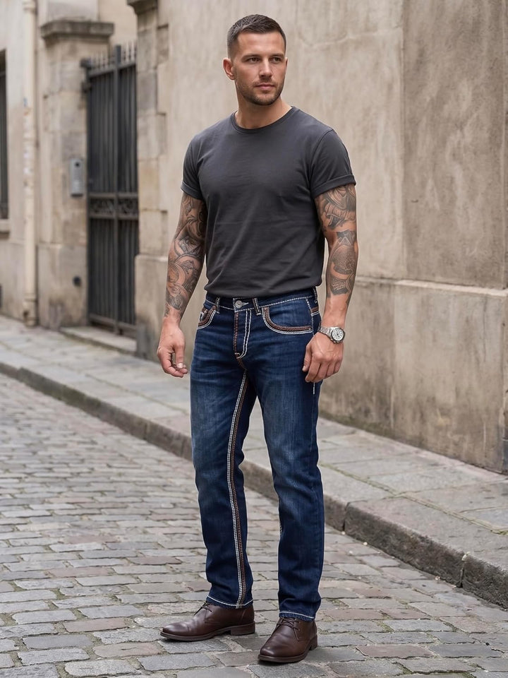Rock Creek Herren Designer Jeans Hose Dicke Nähte Vintage Blau RC-2056 40W / 34L Dunkelblau - Rc-216