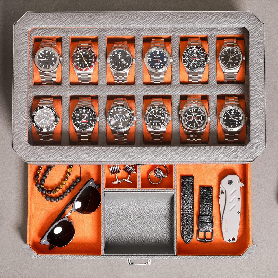 ROTHWELL 12 Slot Leather Watch Box with Valet Drawer - 12 Slot Luxury Watch Case Display Organizer,