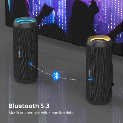 RIENOK Bluetooth Lautsprecher mit Licht Bluetooth 5.3 Musikbox Bass Kabellos Box mit IPX7 wasserdich