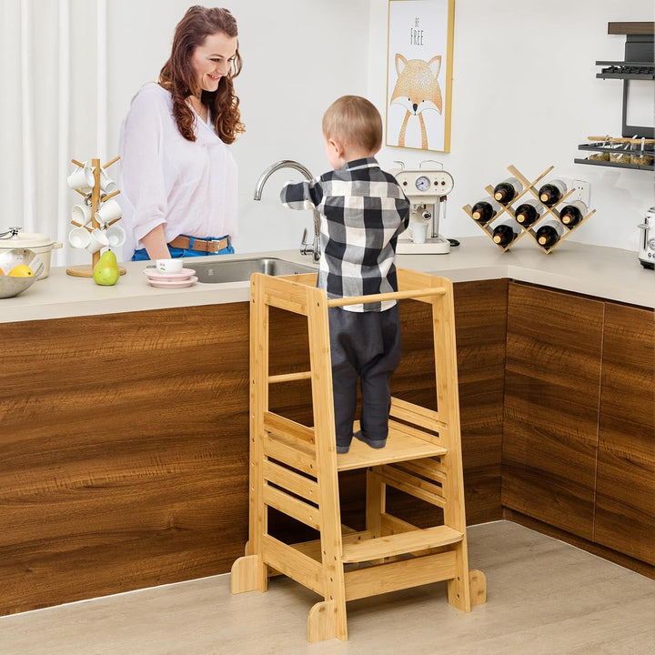 COSTWAY Lernturm Kinder aus Bambus, Tritthocker Montessori mit 4 verstellbaren Höhen &amp; Sicherheitsge