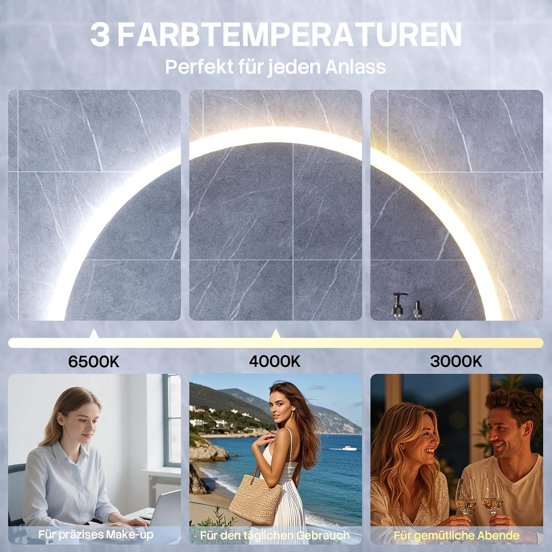 HySail Badspiegel mit Beleuchtung, 5mm Hochauflösender Silber-Spiegel, 3 Farbtemperaturen & Dimmbare