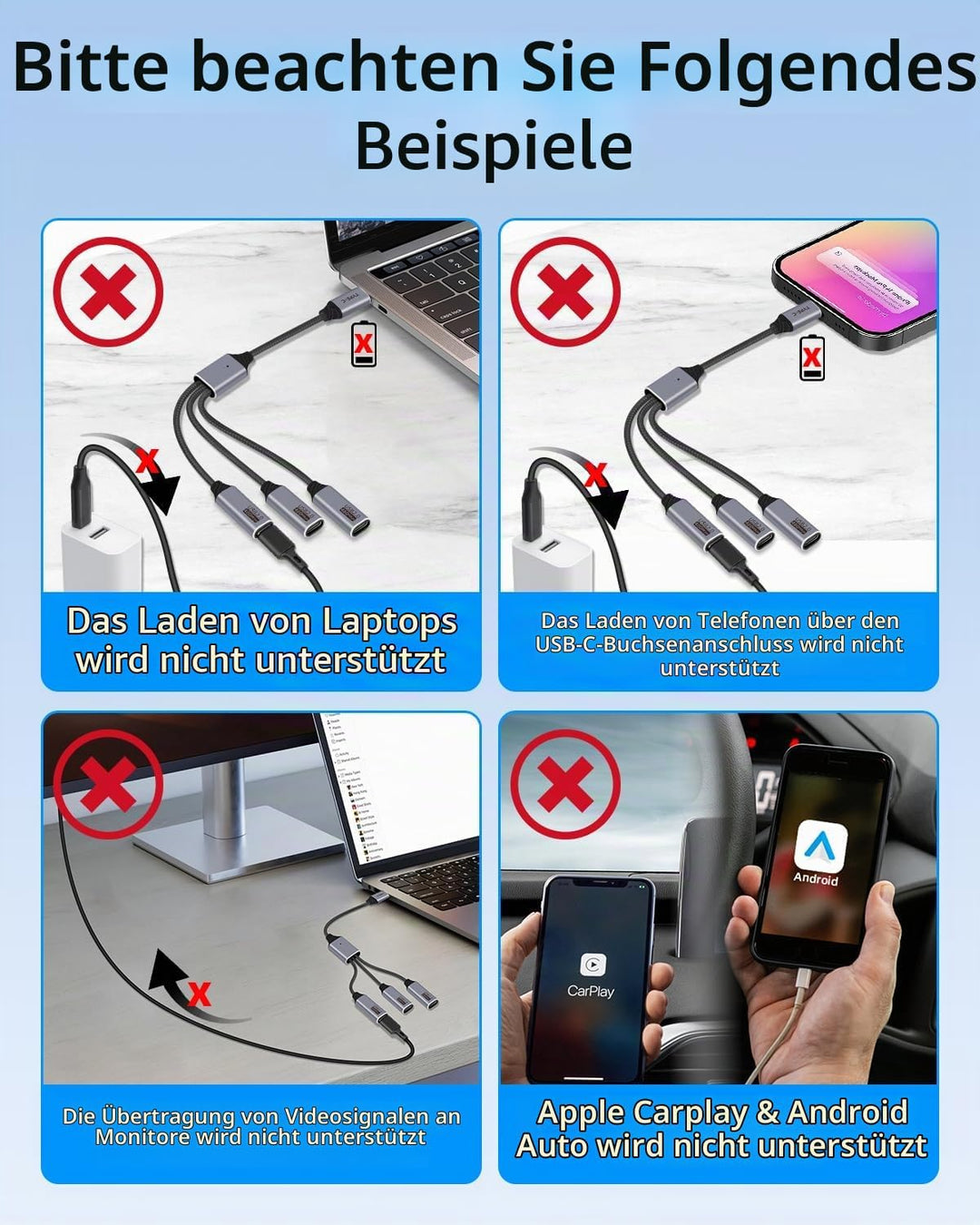 USB C Splitter 3 Port 1 Stecker auf 3 Buchse, 1 in 3 Ausgang USB C Extender Hub Daten und Stromverso